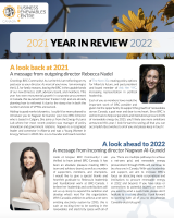 Thumbnail image of the first page of the annual report with goodbye remarks from previous director Rebecca Nadel and welcoming remarks from new director Nagwan Al-Guneid