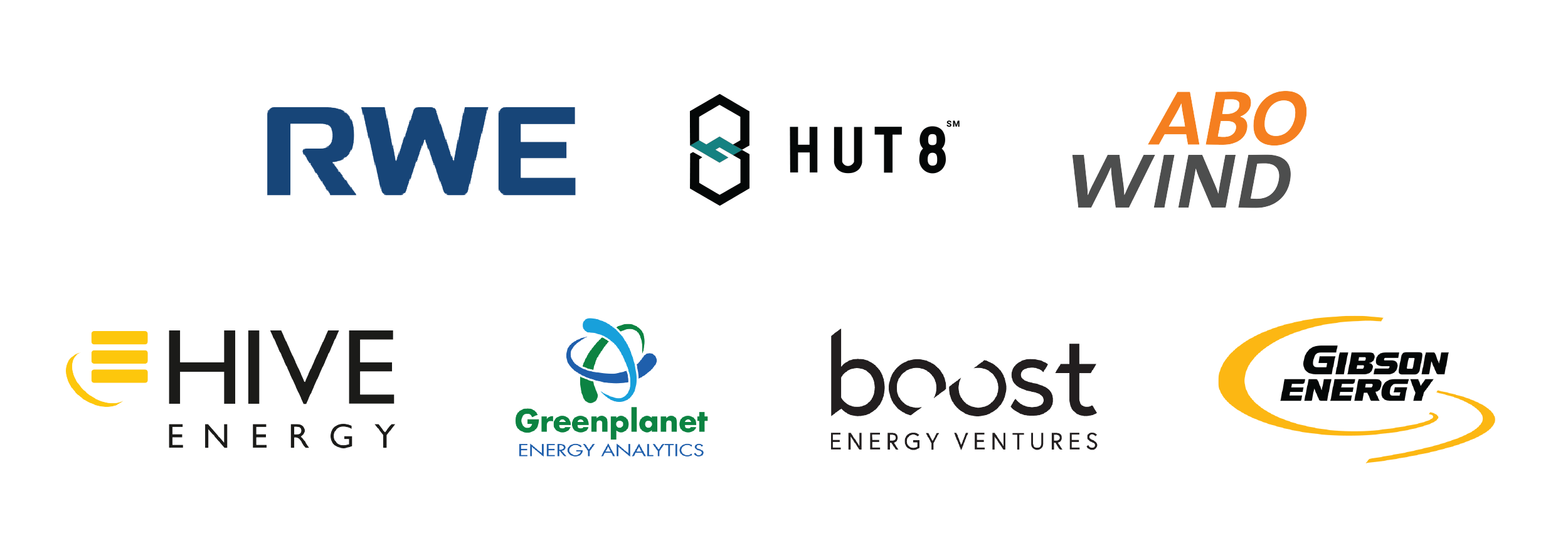 Logos: RWE Renewables, ABO Wind, Hut 8 Mining, HIVE Energy, Greenplanet Energy Analytics, Boost Energy Ventures, and Gibson Energy