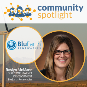 BluEarth logo and headshot of Roslyn McMann, Director, Market Development; background photo: mountains with a wind turbine in foreground