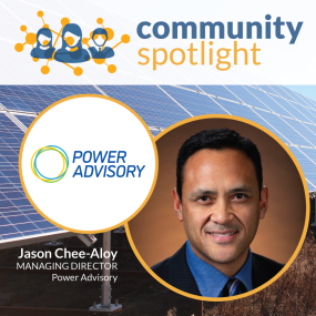 Jason Chee-Aloy headshot with Power Advisory logo on a background photo of solar panels